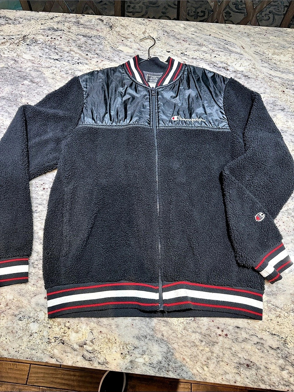 Champion Sherpa Fleece Full Zip Varsity Jacket Men's Black & Red Large